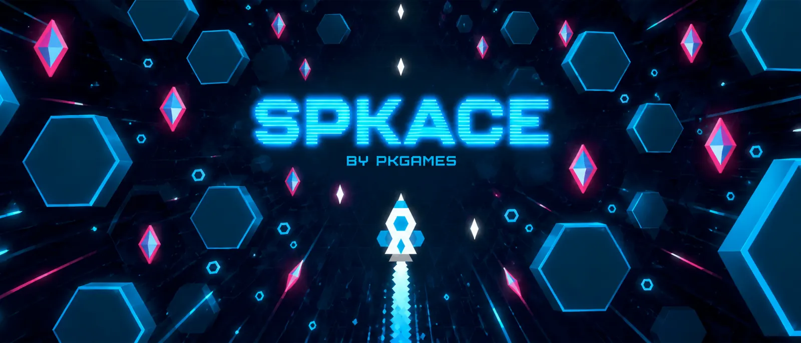 SPKACE by PKGAMES: una nave cruzando un túnel de hexágonos