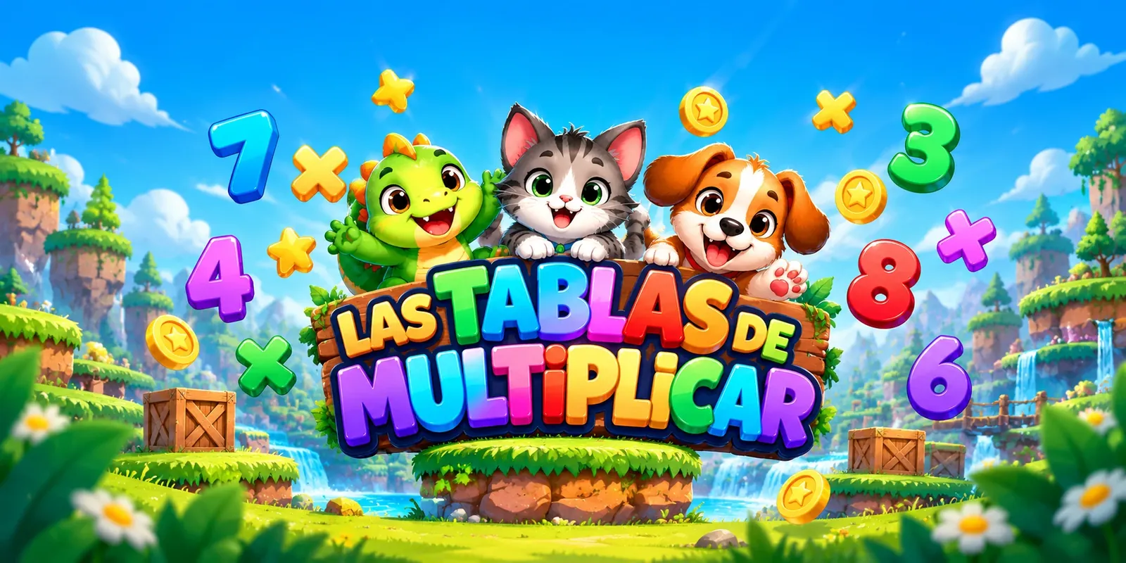 Tablas Multiplicar: el dinosaurio, el gato y el perro sobre el cartel del juego